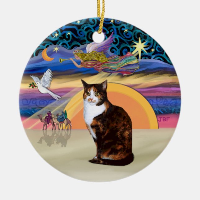 Ornamento De Cerâmica Anjo Natal - gato Calico (Amer. Cabelo Curto) (Frente)