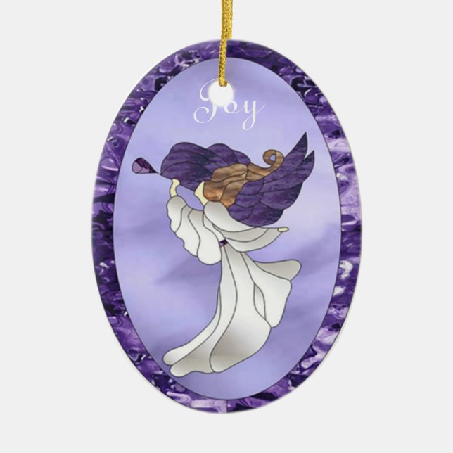 Ornamento De Cerâmica Anjo no vitral roxo (Frente)