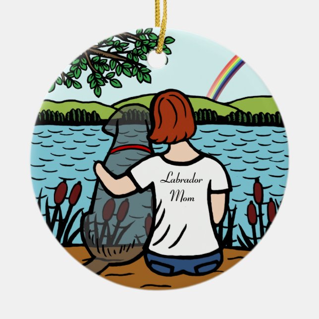 Ornamento De Cerâmica Anjo preto de Labrador e mamã 2 (Frente)