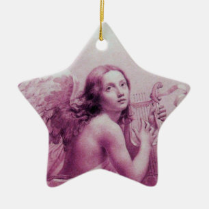 Ornamento De Cerâmica ANJO que JOGA LYRA SOBRE a estrela cor-de-rosa das