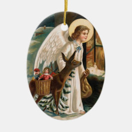 Ornamento De Cerâmica Anjo que olha na janela com Natal dos cervos