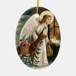 Ornamento De Cerâmica Anjo que olha na janela com Natal dos cervos