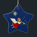 Ornamento De Cerâmica Anjo Trumpet<br><div class="desc">Céu noturno com estrelas brilhando ao fundo. Anjo com trompete de ouro e notas de música</div>