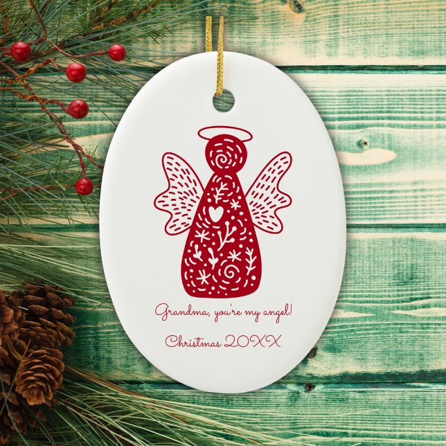 Ornamento De Cerâmica Anjo Vermelho Anjo Personalizado - Escandinavo (Personalize with a message to someone special and the year.)