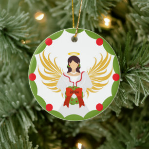 Ornamento De Cerâmica Anjo Vermelho Verde Holly 2024