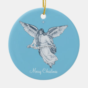 Ornamento De Cerâmica Anjo Vintage de Natal com Mensagem em Azul Claro