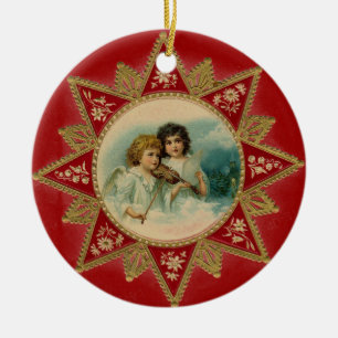 ORNAMENTO DE CERÂMICA ANJOS DA MÚSICA EM BRANCO E VERMELHO