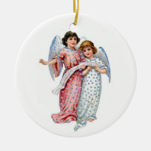Ornamento De Cerâmica Anjos do Natal no rosa e no azul