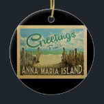 Ornamento De Cerâmica Anna Maria Island Beach Viagens vintage<br><div class="desc">Esta design do cartão postal de Anna Maria Island apresenta uma praia arenosa com uma bela água turquesa oceânica e acima do mar,  um céu azul com nuvens brancas e onduladas. No estilo viagens vintage.</div>
