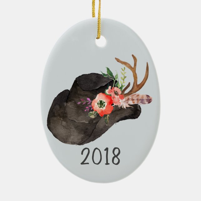 Ornamento De Cerâmica Ano de Keepsaem do Hat Cowboy Negro (Verso)