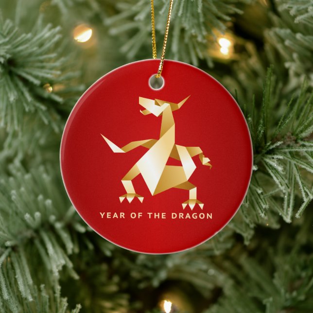 Ornamento De Cerâmica Ano Dourado do Dragão em Vermelho 2012 (Árvore)