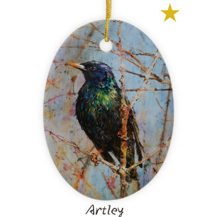 Ornamento De Cerâmica Ano Europeu da Pintura de Aves de Estrelas no Nata