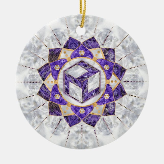 Ornamento De Cerâmica Antahkarana em Lotus Mandala- Ametist e Pearl (Frente)