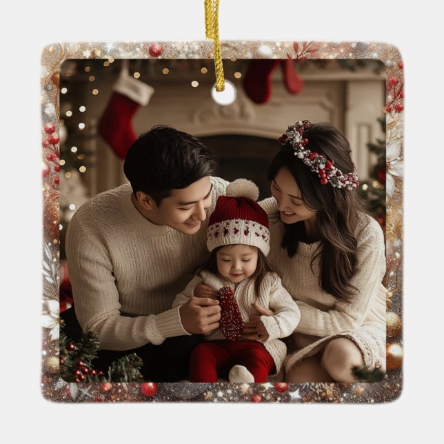 Ornamento De Cerâmica Antecedentes de Natal | Foto da família mínima (Frente)