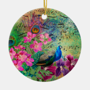 Ornamento De Cerâmica Antigo Pavão Ilustrado e Flores Grunge