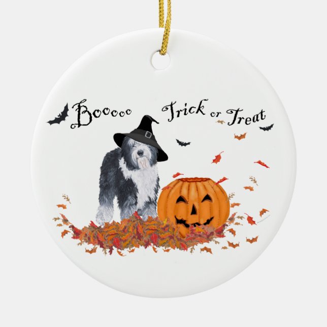 Ornamento De Cerâmica Antigo Sheepdog Halloween (Frente)