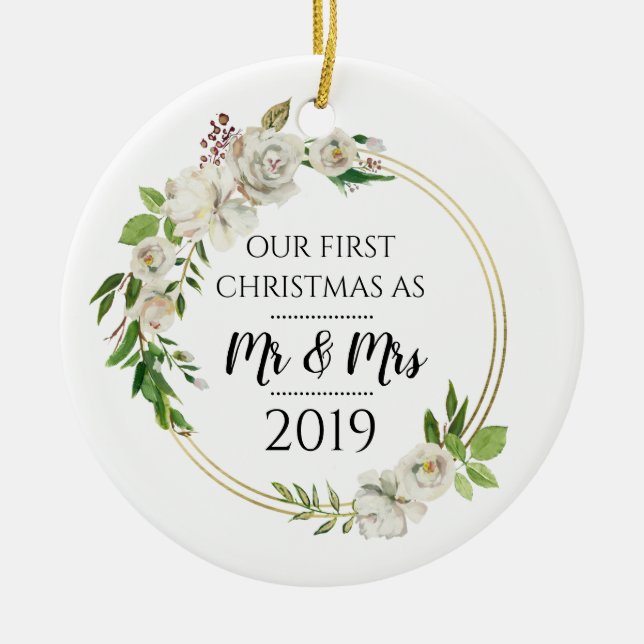 Ornamento De Cerâmica Antigos Rosas Primeiro Natal como Sr. & Sra. (Frente)