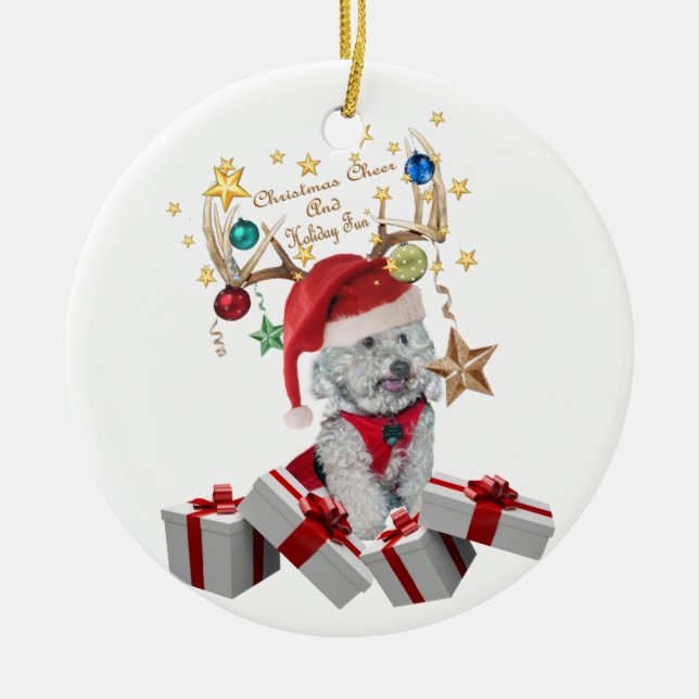 Ornamento De Cerâmica antlers, Natal e o cockapoo (Frente)