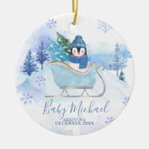 Ornamento De Cerâmica Anúncio de gravidez do bebê pinguim de inverno