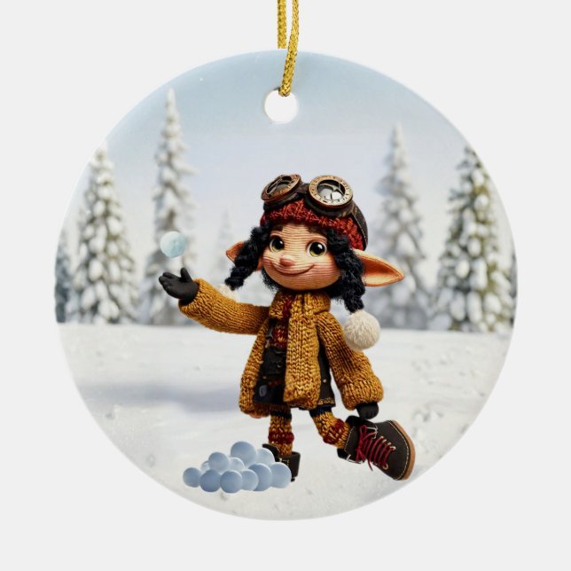 Ornamento De Cerâmica Aproveitando Um Dia de Neve (Frente)