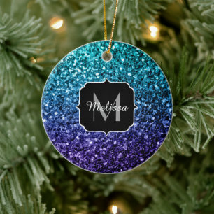 Ornamento De Cerâmica Aqua blue Ombre faux glitter sparkles Monogram
