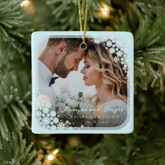 Ornamento De Cerâmica Aqua Blue Snowflakes Foto de Casamento de Férias d