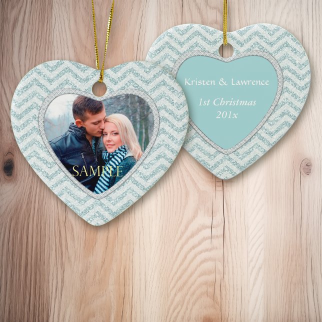 Ornamento De Cerâmica Aqua Chevron Icy Sparkle Modelo (Criador carregado)