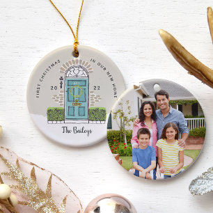 Ornamento De Cerâmica Aqua Door Primeiro Natal em Nossa Nova Casa