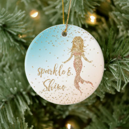 Ornamento De Cerâmica Aqua Dourada Mermaid Sparkle Confetti