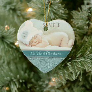 Ornamento De Cerâmica Aqua Floral Swirl Baby Primeiro Natal