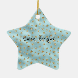 Ornamento De Cerâmica Aqua Mint Dourado Glitter Stars