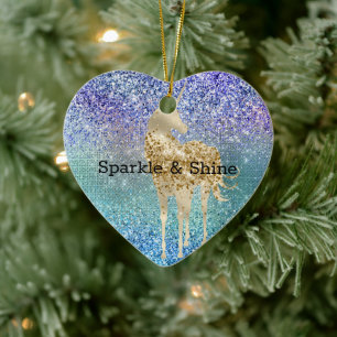 Ornamento De Cerâmica Aqua Purple Glitter Sparkle Dourado Unicorn