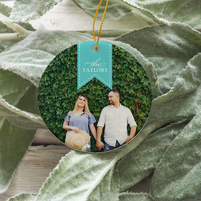 Ornamento De Cerâmica Aqua Ribbon | Foto de Férias (Criador carregado)