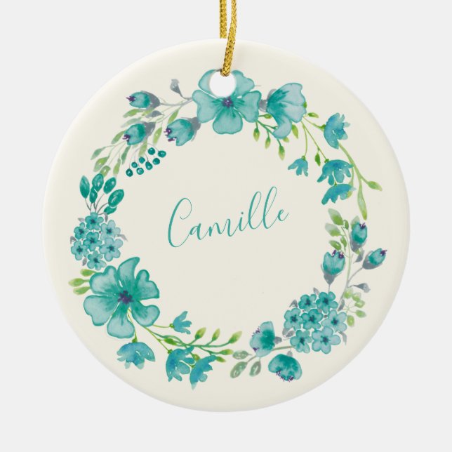 Ornamento De Cerâmica Aqua Sea Green Floral Wreath Personalizado (Frente)