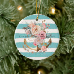 Ornamento De Cerâmica Aqua Watercolor Beach Stripes Dourado Anchor Flora<br><div class="desc">aqua aqua creme listras brancas cor-de-rosa pêssego floral boho ouro âncora</div>