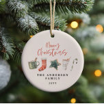 Ornamento De Cerâmica Aquarela Biscoito de Natal bebe canas doces<br><div class="desc">Uma design festiva divertida com a aquarela favoritos de inverno - chocolate quente,  cana doce,  estocagem. Feliz Natal na letra da escrita contemporânea,  perfeito para celebrar a época de férias. O ornamento pode ser editado,  parte de uma coleção.</div>