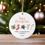 Ornamento De Cerâmica Aquarela Biscoito de Natal bebe canas doces<br><div class="desc">Uma design festiva divertida com a aquarela favoritos de inverno - chocolate quente,  cana doce,  estocagem. Feliz Natal na letra da escrita contemporânea,  perfeito para celebrar a época de férias. O ornamento pode ser editado,  parte de uma coleção.</div>