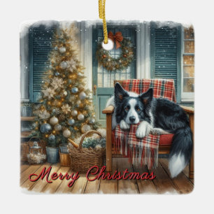 Ornamento De Cerâmica Aquarela Cachorro de Natal Border Collie