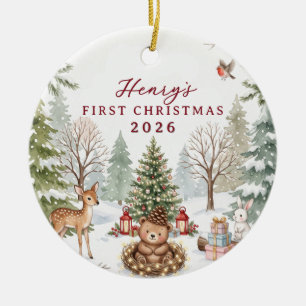 Ornamento De Cerâmica Aquarela Conto da Floresta Natal do Bebê 1º Ano