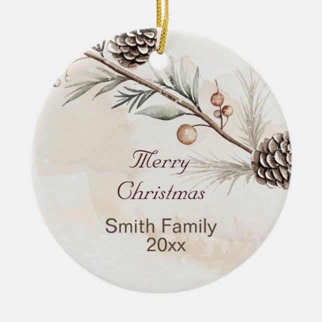 Ornamento De Cerâmica Aquarela Cor neutra árvore de Natal (Frente)