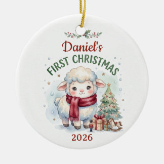 Ornamento De Cerâmica Aquarela Cordeiro Bebê Primeiro Natal Personalizad