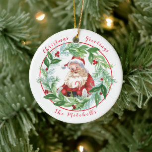 Ornamento De Cerâmica Aquarela Coroa de Natal Santa Vintage FOTO DA FAMÍ