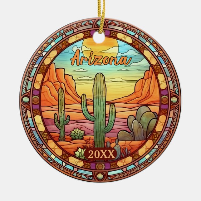 Ornamento De Cerâmica Aquarela de Cactus do Deserto do Arizona (Frente)