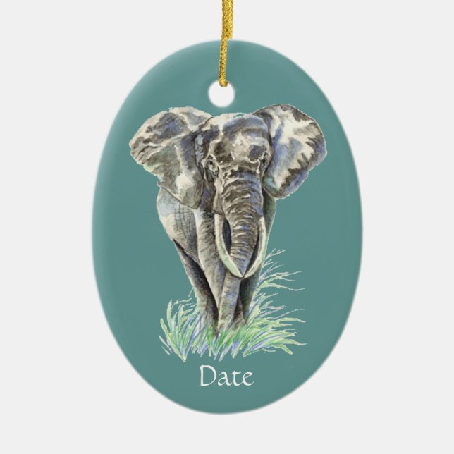 Ornamento De Cerâmica Aquarela Elefante Africano, Arte Animal (Frente)