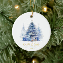 Aquarela Elegante Nosso Primeiro Natal Árvore Azul