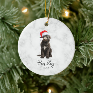 Ornamento De Cerâmica Aquarela Goldendoodle Preto e Branco Smoking
