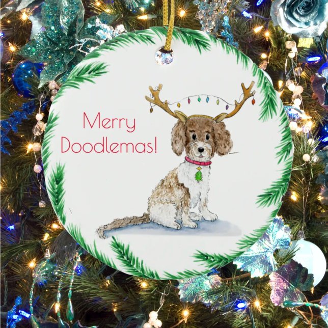 Ornamento De Cerâmica Aquarela Labradoodle Luzes de Natal Antlers (Criador carregado)