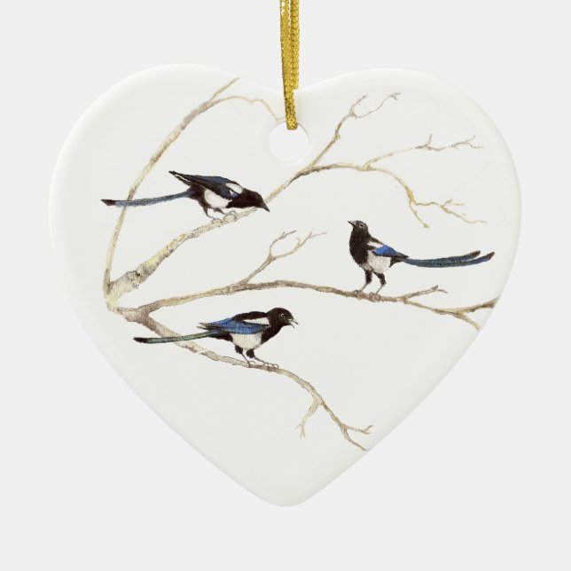 Ornamento De Cerâmica Aquarela Original, Família Magpie, Aves (Frente)