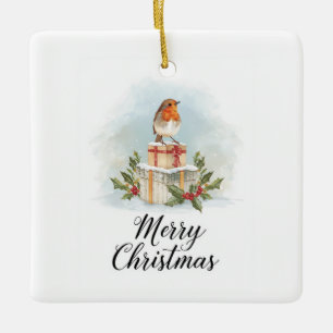 Ornamento De Cerâmica Aquarela Robin Presentes Holly Feliz Natal