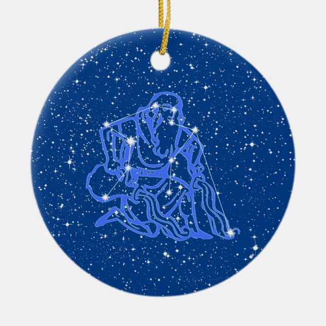 Ornamento De Cerâmica Aquarius Zodiac Sinal com Estrelas em Cera Azul Pr (Frente)